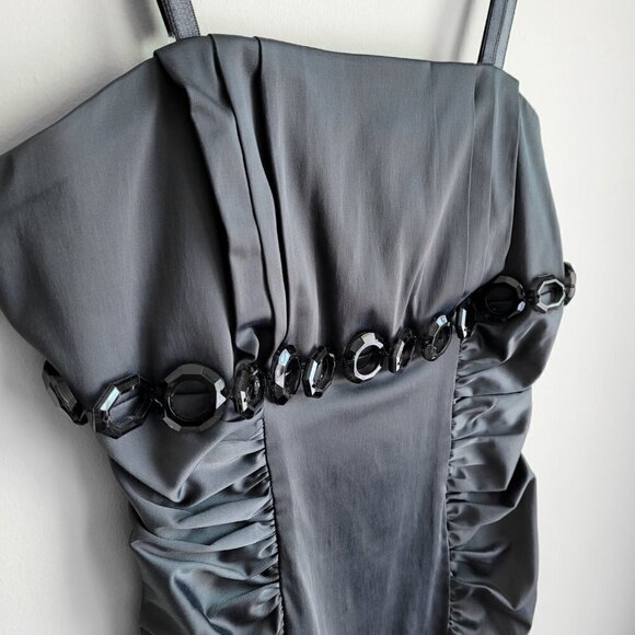 Gray Satin Cotton Blend Bodycon Ruched Waist Sleeveless Mini Dress - Picture 4 of 10